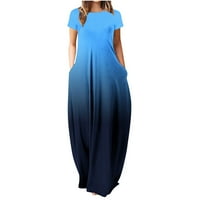 Ženska Maxi podna haljina klirens Letnja kratka rukava haljina gradijent boja Vintage Ancle Lenght haljina sa džepnim modnim okruglim vratom Casual labave haljine u trendu plava XXL