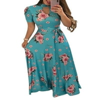 Uhndy Beach Maxi haljina za žene Plus Size cvjetni kratki rukav Boho duga haljina sa mašnom pojas Hollow