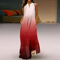 Clearance ljetne haljine za žene bez rukava dugo slobodno Maxi štampani zarez vrat haljina crvena 3XL