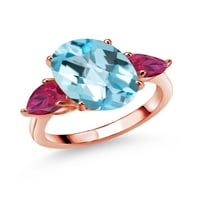 18k ružičasto pozlaćeno srebro Nebesko plavi Topaz i crveni kreirani rubin prsten za žene