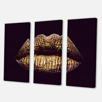 Designart 'Sexy Golden metalized Woman Lips II' modern Canvas Wall Art Print
