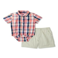 Wrangler Baby Boy tkani bodi sa kratkim rukavima sa tkanim pantalonama, komplet od 2 komada, veličine 0 3M-24M