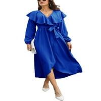 Glookwis ženske Maxi haljine V vrat ljuljačke haljine dugi rukavi zabava seksi jednobojna plava XL