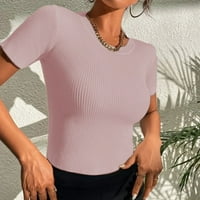 Pxiakgy bluza za žene ženska elastična jednobojna okrugla vrata sa kratkim rukavima pleteni ogrtač Pink+XL