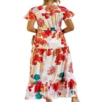 Softmallow ženski kratki lepršavi rukav Boho Maxi haljina V izrez cvjetni Print duga plaža haljina bijela
