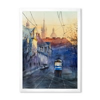 Plavi Tramvaj Na Zalasku Sunca Sa Crkvom Tokom Zalaska Sunca Gradski Pejzaž Uokvirena Slika Na Platnu Art Print