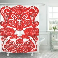 Šarena godina svinja Kineski horoskopski znak u stilu rezanja crvena životinja Azija Astrologija kupatilo Tuš zavjese